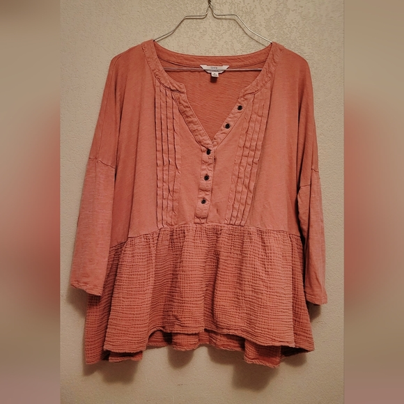 Time and Tru Flowy Peplum Peach Blouse, 3/4 Sleeve Button V-Neck Shirt XL(16-18) - Picture 1 of 4